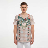 Peach Hawaiian Palaka Scrub Top Kukui Nut Money Lei LT9 - Polynesian Pride