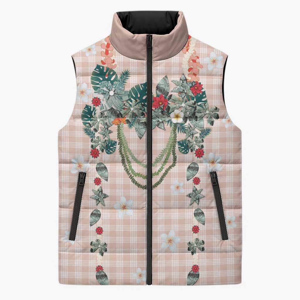 Peach Hawaiian Palaka Sleeveless Puffer Jacket Kukui Nut Money Lei LT9 Unisex Peach - Polynesian Pride