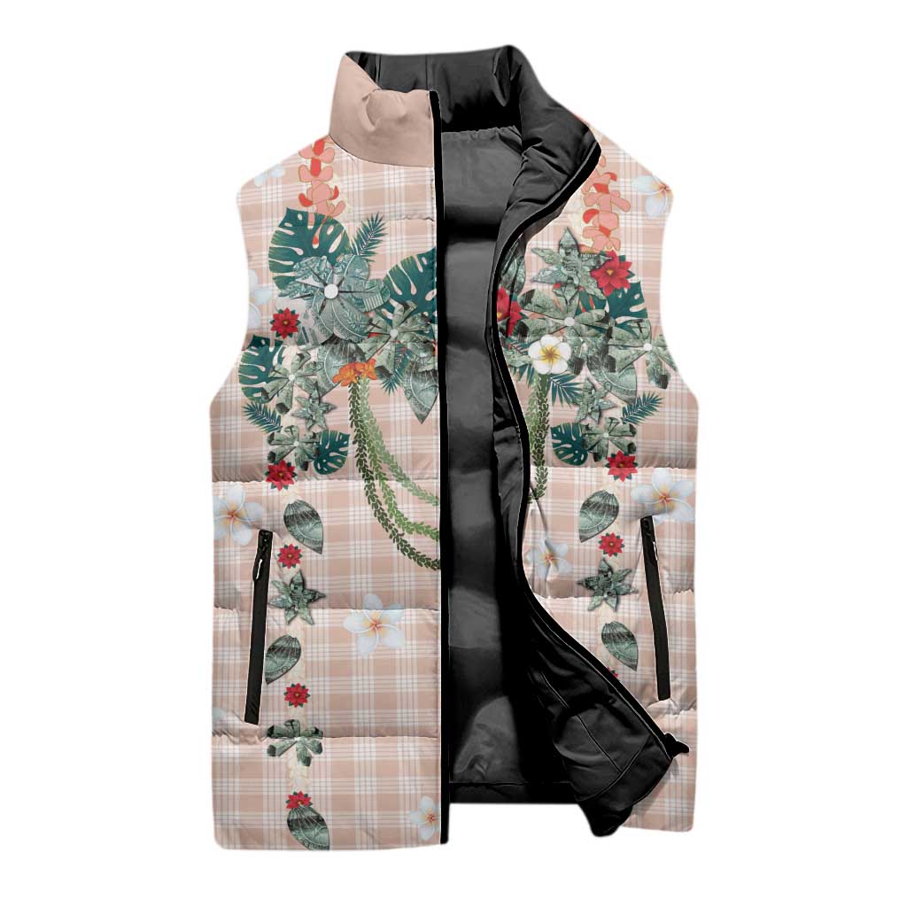 Peach Hawaiian Palaka Sleeveless Puffer Jacket Kukui Nut Money Lei LT9 - Polynesian Pride