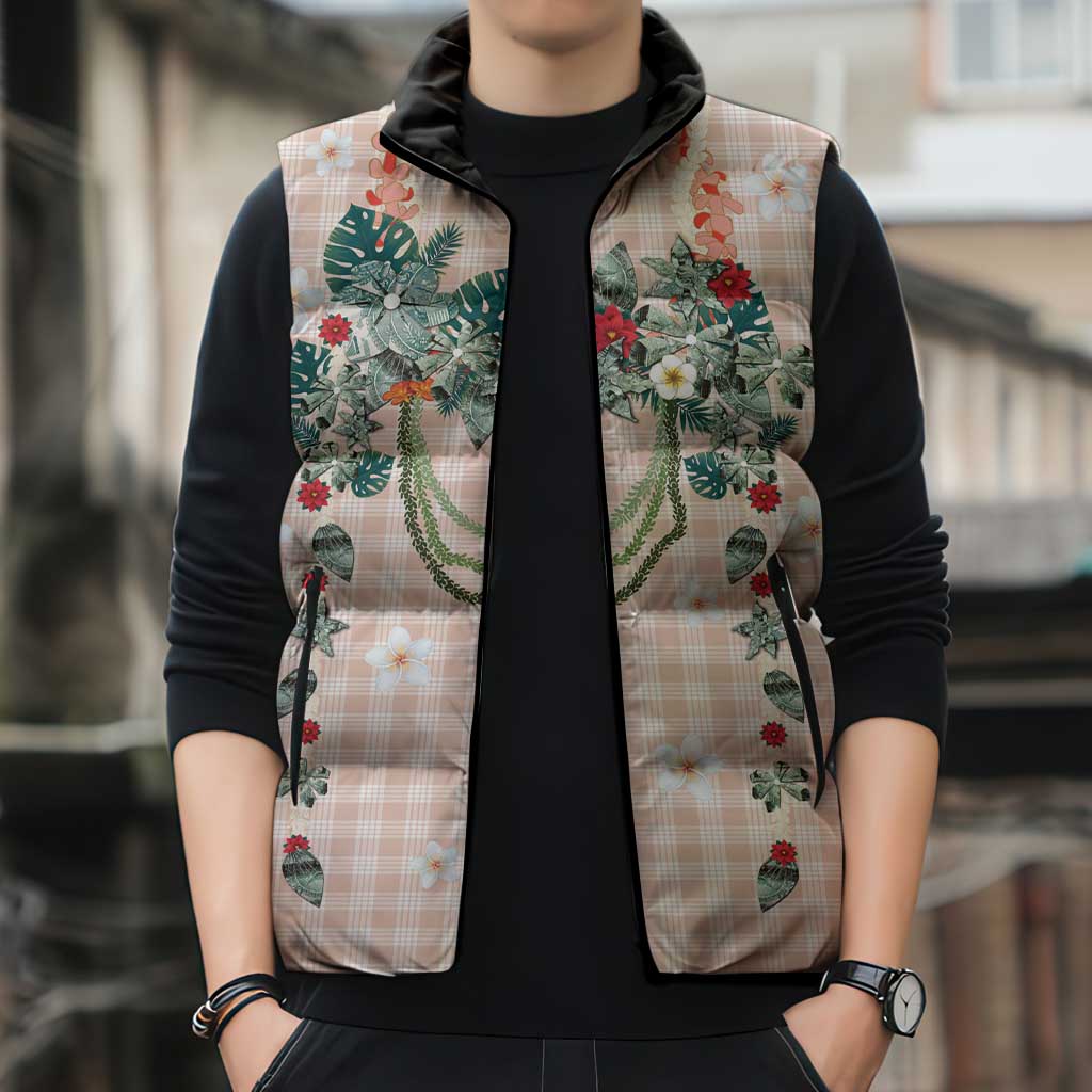 Peach Hawaiian Palaka Sleeveless Puffer Jacket Kukui Nut Money Lei LT9 - Polynesian Pride