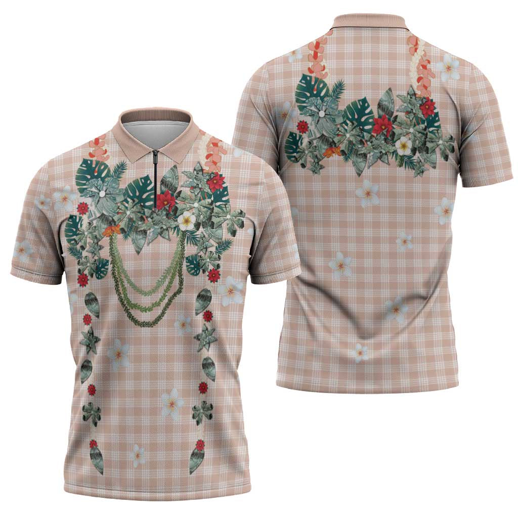 Peach Hawaiian Palaka Zipper Polo Shirt Kukui Nut Money Lei LT9 - Polynesian Pride