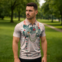 Peach Hawaiian Palaka Zipper Polo Shirt Kukui Nut Money Lei LT9 - Polynesian Pride