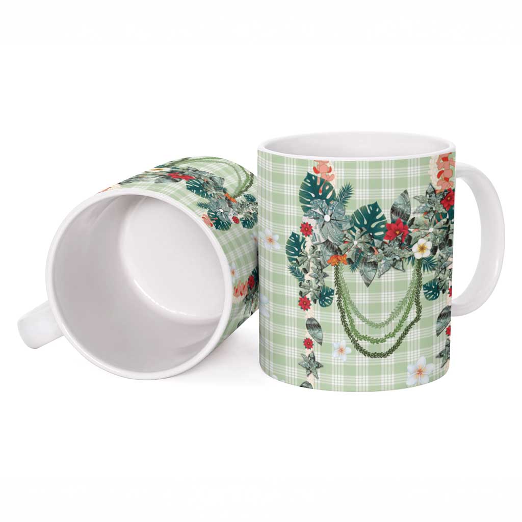 Sage Green Hawaiian Palaka Ceramic Mug Kukui Nut Money Lei LT9 - Polynesian Pride