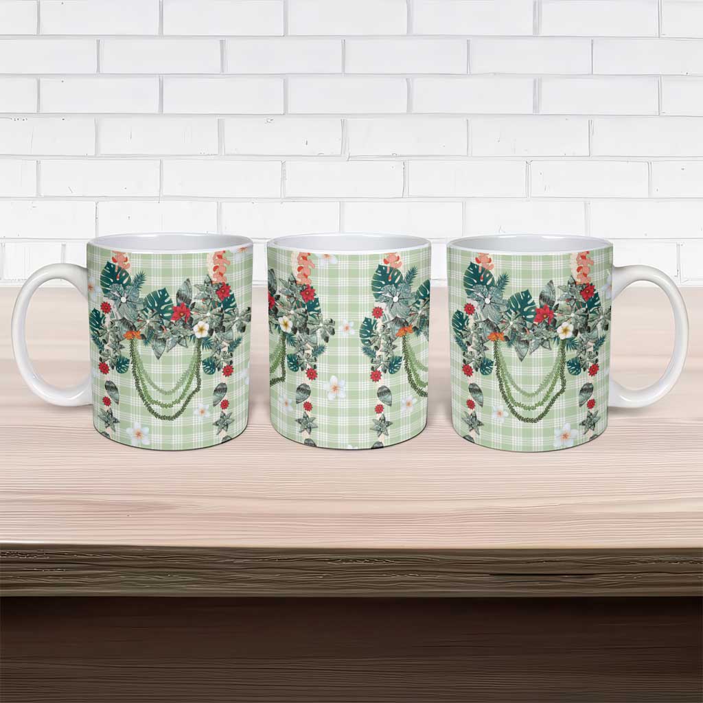 Sage Green Hawaiian Palaka Ceramic Mug Kukui Nut Money Lei LT9 - Polynesian Pride