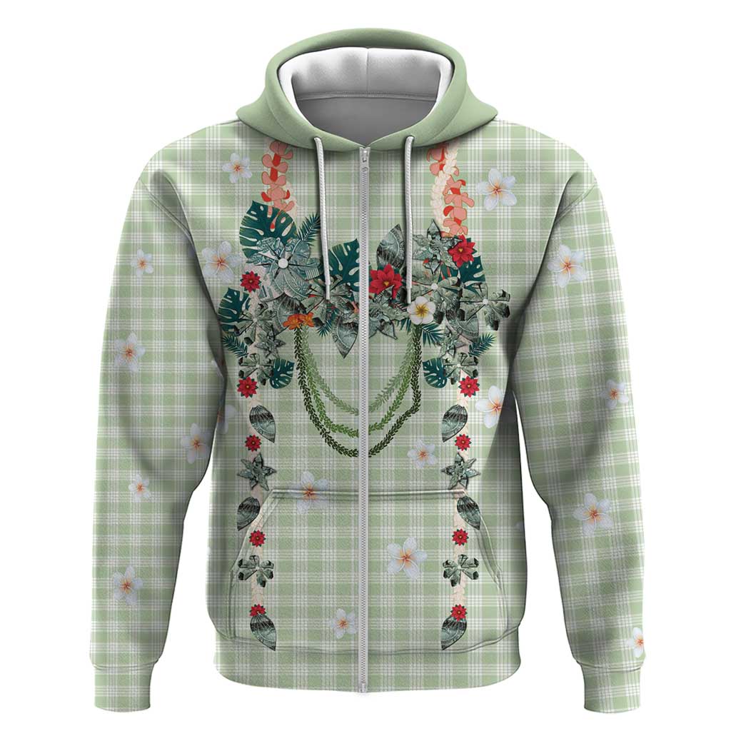 Sage Green Hawaiian Palaka Hoodie Kukui Nut Money Lei LT9 Zip Hoodie Green - Polynesian Pride
