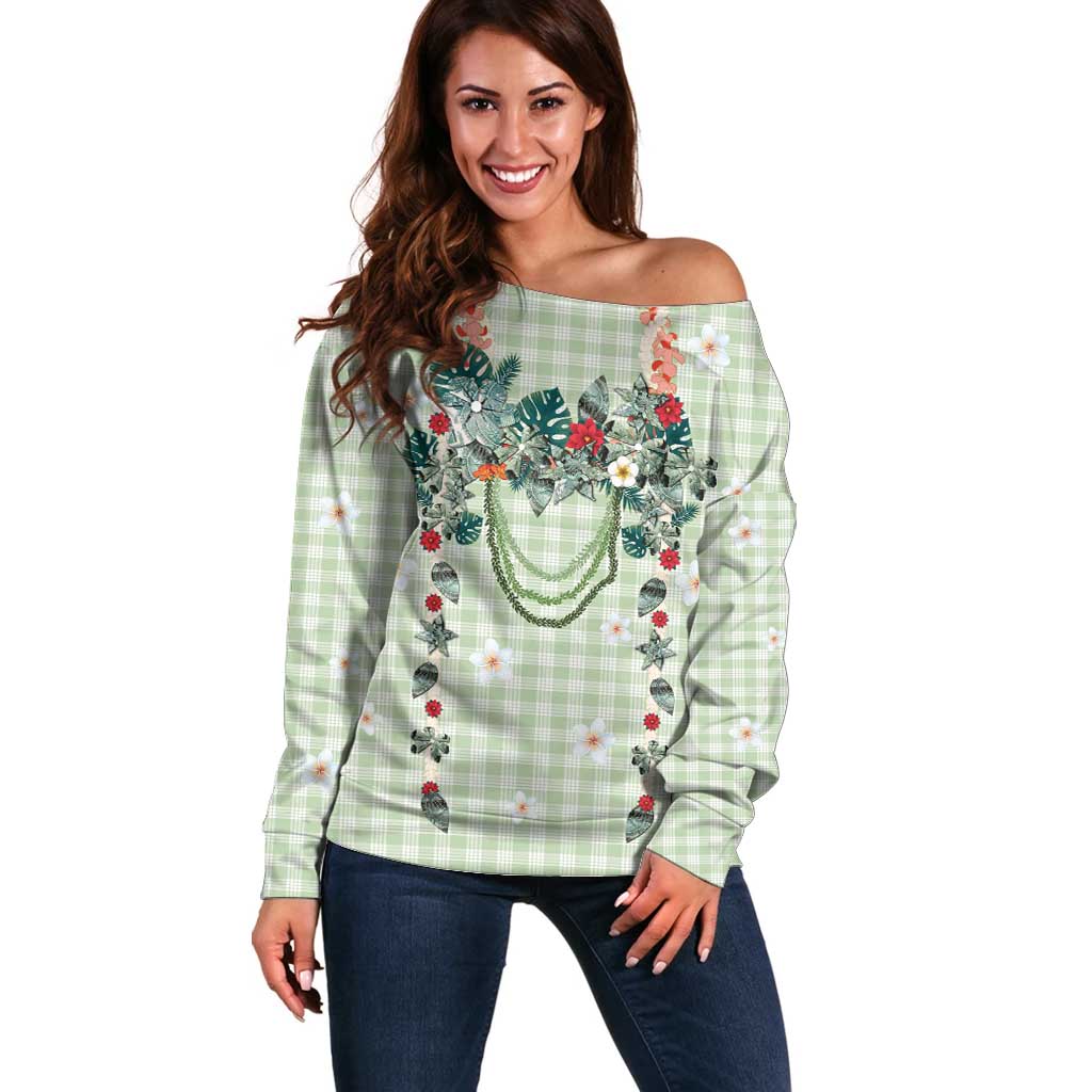 Sage Green Hawaiian Palaka Off Shoulder Sweater Kukui Nut Money Lei LT9 Women Green - Polynesian Pride