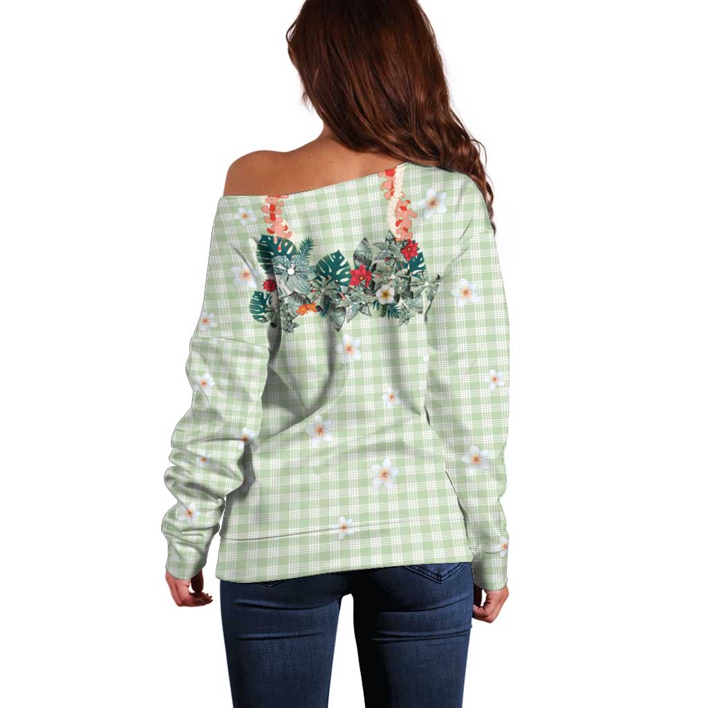 Sage Green Hawaiian Palaka Off Shoulder Sweater Kukui Nut Money Lei LT9 - Polynesian Pride