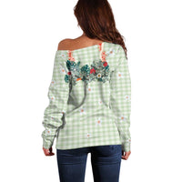 Sage Green Hawaiian Palaka Off Shoulder Sweater Kukui Nut Money Lei LT9 - Polynesian Pride