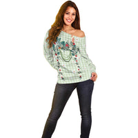 Sage Green Hawaiian Palaka Off Shoulder Sweater Kukui Nut Money Lei LT9 - Polynesian Pride