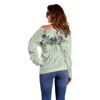 Sage Green Hawaiian Palaka Off Shoulder Sweater Kukui Nut Money Lei LT9 - Polynesian Pride