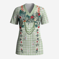 Sage Green Hawaiian Palaka Scrub Top Kukui Nut Money Lei LT9 Adult Green - Polynesian Pride