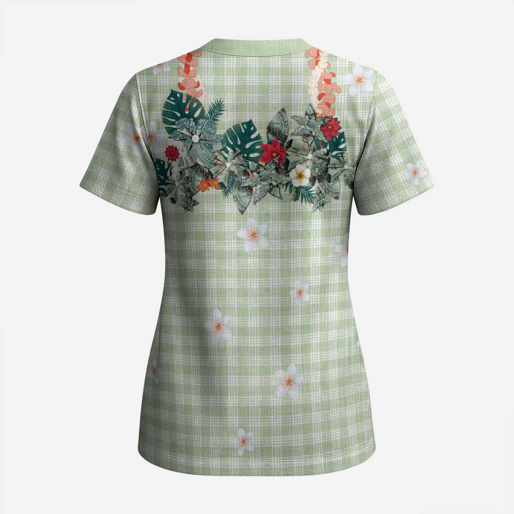 Sage Green Hawaiian Palaka Scrub Top Kukui Nut Money Lei LT9 - Polynesian Pride