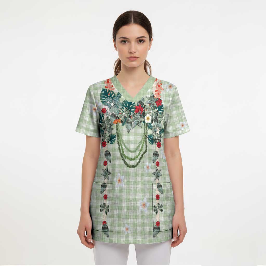 Sage Green Hawaiian Palaka Scrub Top Kukui Nut Money Lei LT9 - Polynesian Pride