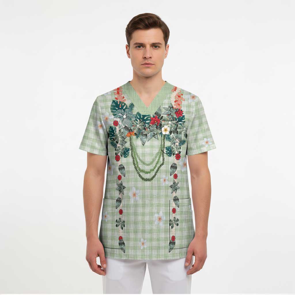 Sage Green Hawaiian Palaka Scrub Top Kukui Nut Money Lei LT9 - Polynesian Pride