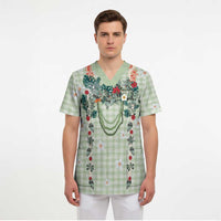 Sage Green Hawaiian Palaka Scrub Top Kukui Nut Money Lei LT9 - Polynesian Pride