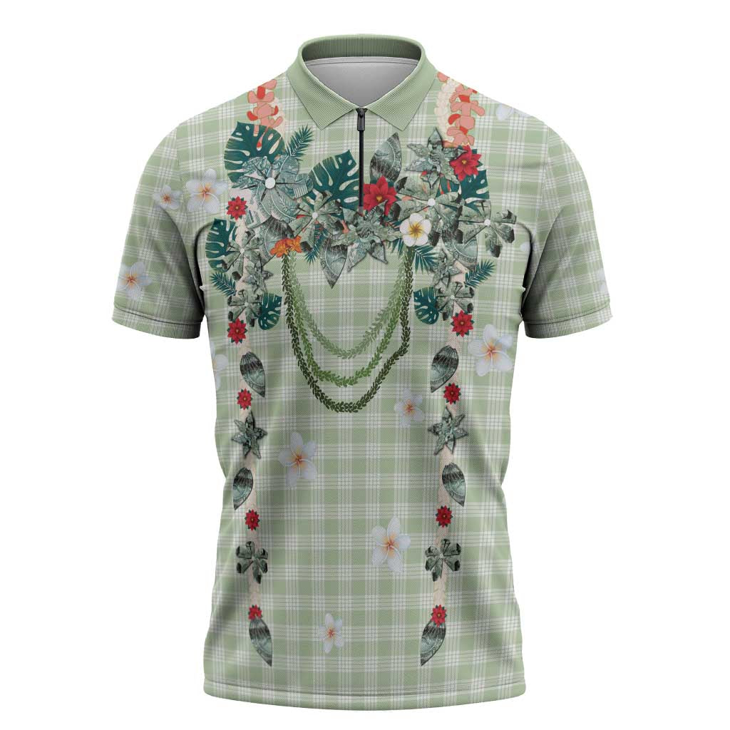 Sage Green Hawaiian Palaka Zipper Polo Shirt Kukui Nut Money Lei LT9 Green - Polynesian Pride