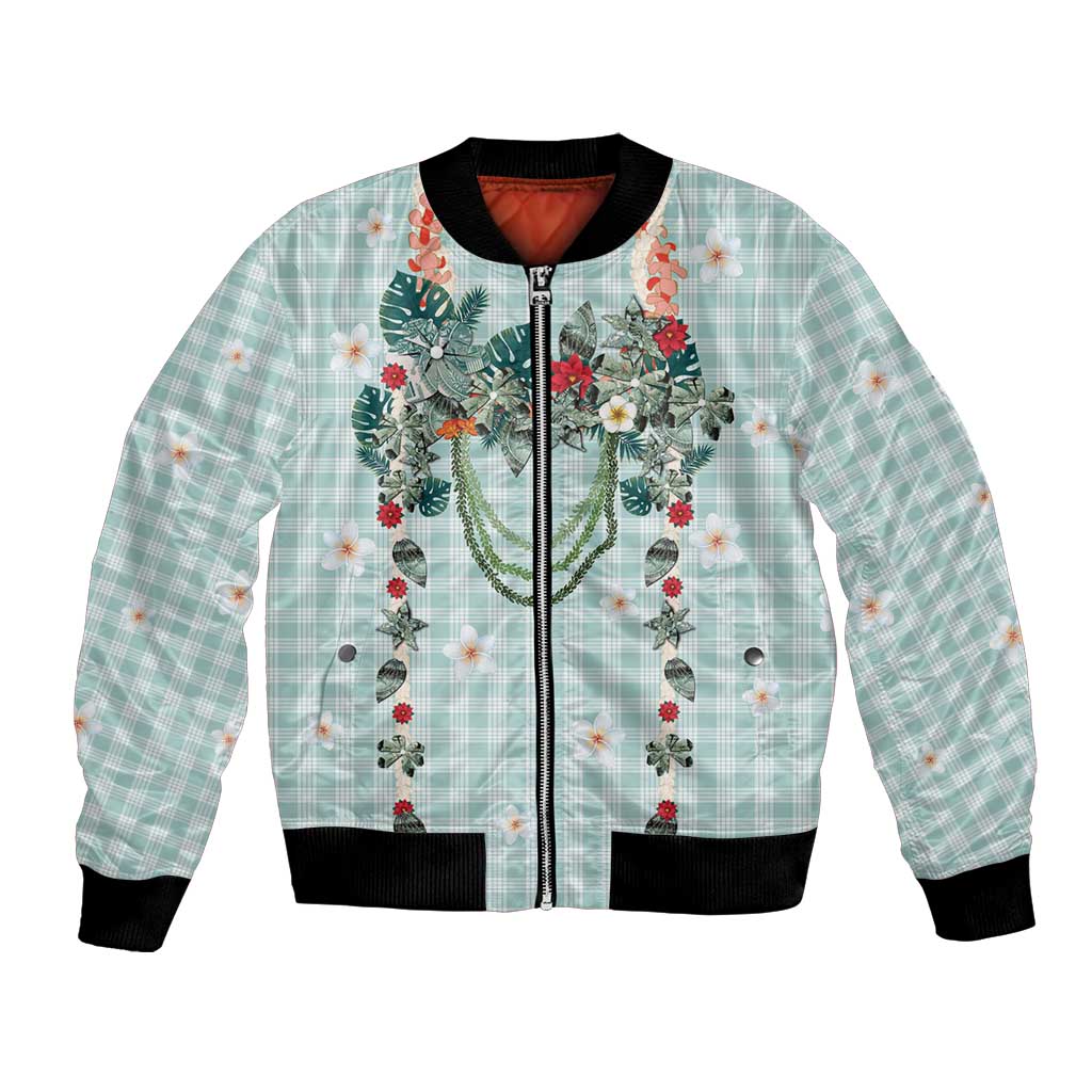 Turquoise Hawaiian Palaka Bomber Jacket Kukui Nut Money Lei LT9 Unisex Turquoise - Polynesian Pride