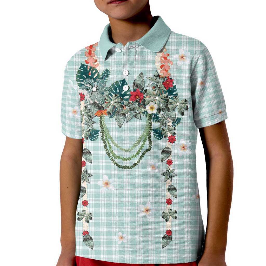 Turquoise Hawaiian Palaka Kid Polo Shirt Kukui Nut Money Lei LT9 Kid Turquoise - Polynesian Pride
