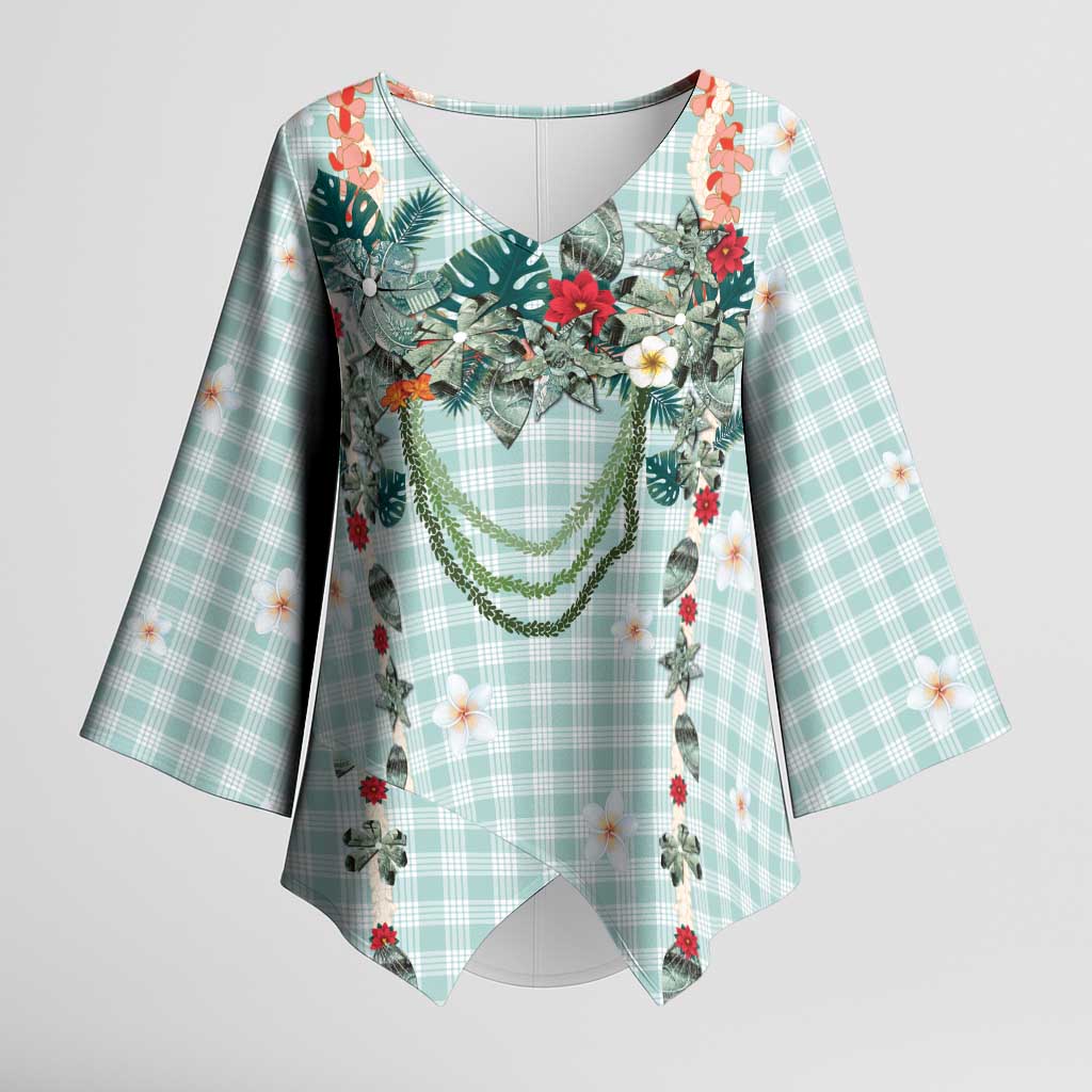 Turquoise Hawaiian Palaka Kimono Sleeve Blouse Kukui Nut Money Lei LT9 Female Turquoise - Polynesian Pride