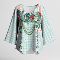 Turquoise Hawaiian Palaka Kimono Sleeve Blouse Kukui Nut Money Lei LT9 Female Turquoise - Polynesian Pride