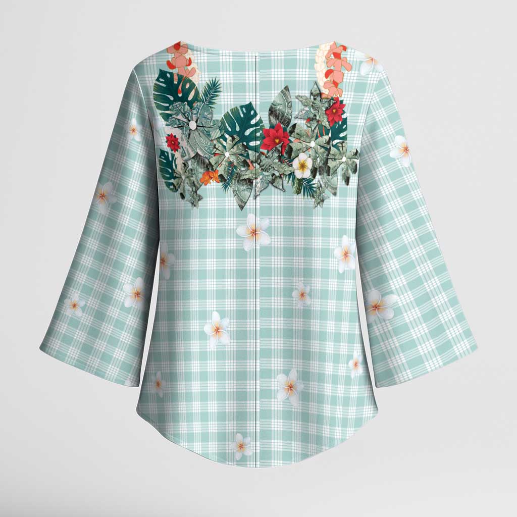 Turquoise Hawaiian Palaka Kimono Sleeve Blouse Kukui Nut Money Lei LT9 - Polynesian Pride