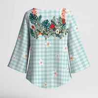 Turquoise Hawaiian Palaka Kimono Sleeve Blouse Kukui Nut Money Lei LT9 - Polynesian Pride