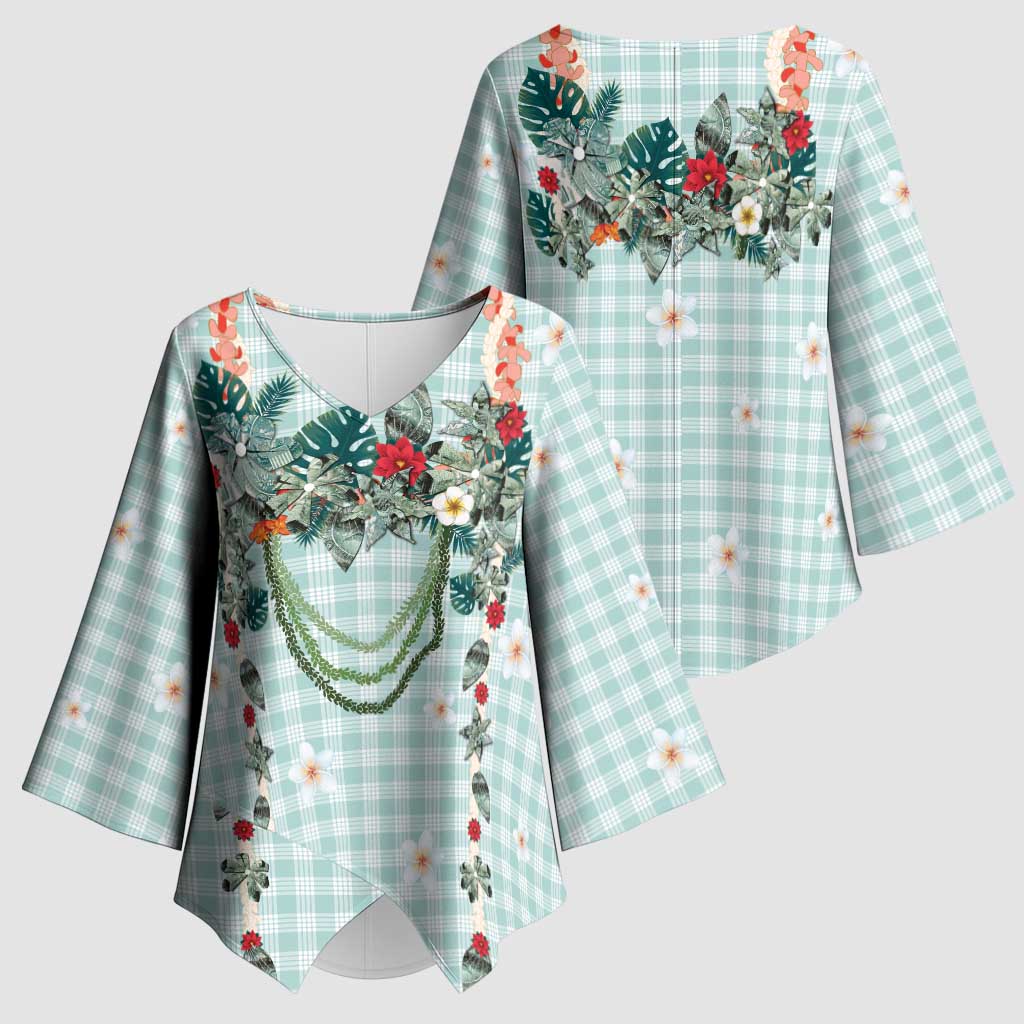 Turquoise Hawaiian Palaka Kimono Sleeve Blouse Kukui Nut Money Lei LT9 - Polynesian Pride