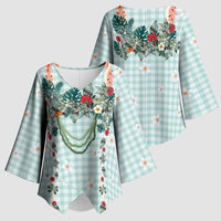 Turquoise Hawaiian Palaka Kimono Sleeve Blouse Kukui Nut Money Lei LT9 - Polynesian Pride
