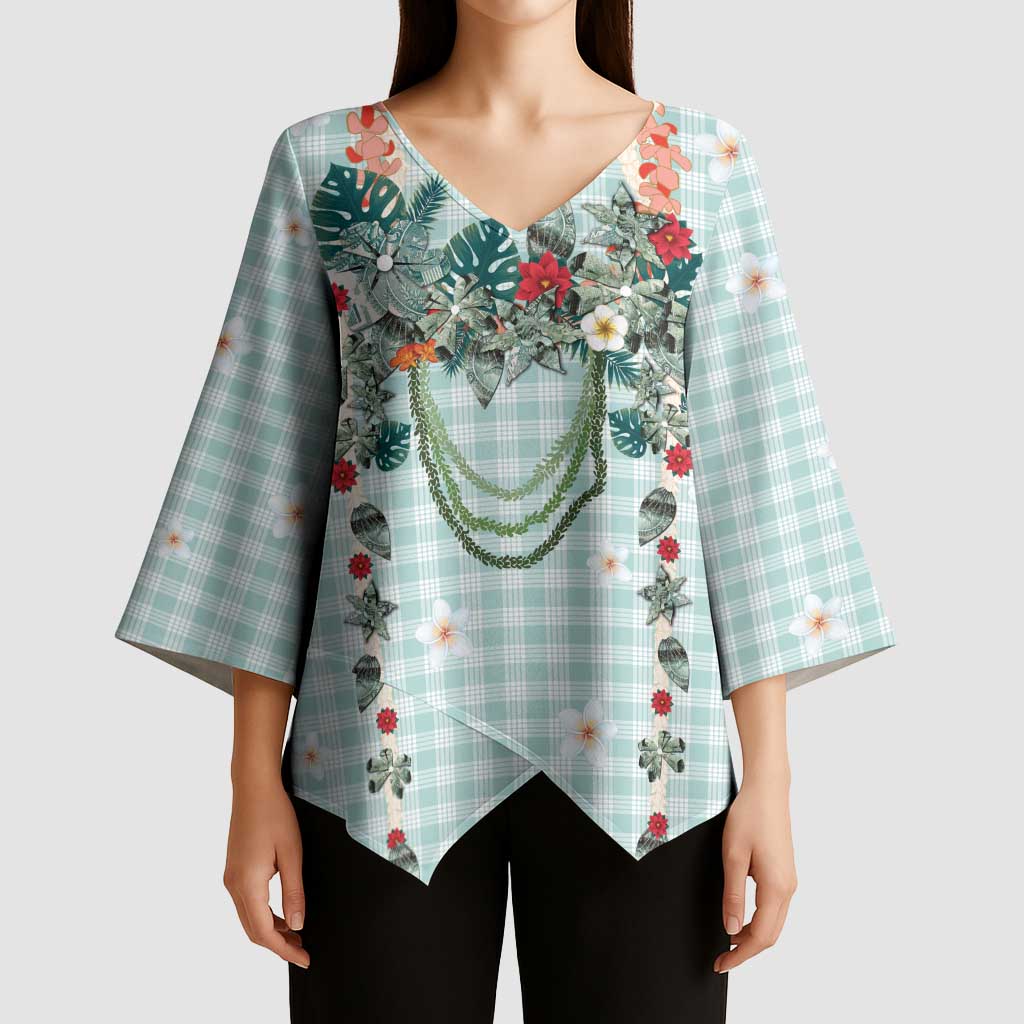 Turquoise Hawaiian Palaka Kimono Sleeve Blouse Kukui Nut Money Lei LT9 - Polynesian Pride
