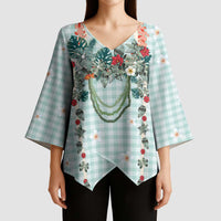 Turquoise Hawaiian Palaka Kimono Sleeve Blouse Kukui Nut Money Lei LT9 - Polynesian Pride