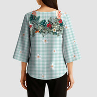 Turquoise Hawaiian Palaka Kimono Sleeve Blouse Kukui Nut Money Lei LT9 - Polynesian Pride