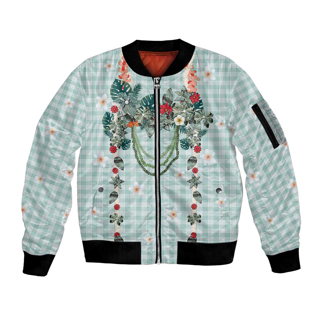 Turquoise Hawaiian Palaka Sleeve Zip Bomber Jacket Kukui Nut Money Lei LT9 Unisex Turquoise - Polynesian Pride