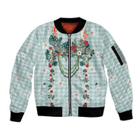 Turquoise Hawaiian Palaka Sleeve Zip Bomber Jacket Kukui Nut Money Lei LT9 Unisex Turquoise - Polynesian Pride