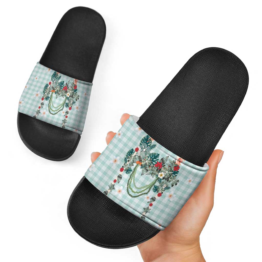 Turquoise Hawaiian Palaka Slide Sandals Kukui Nut Money Lei LT9 - Polynesian Pride