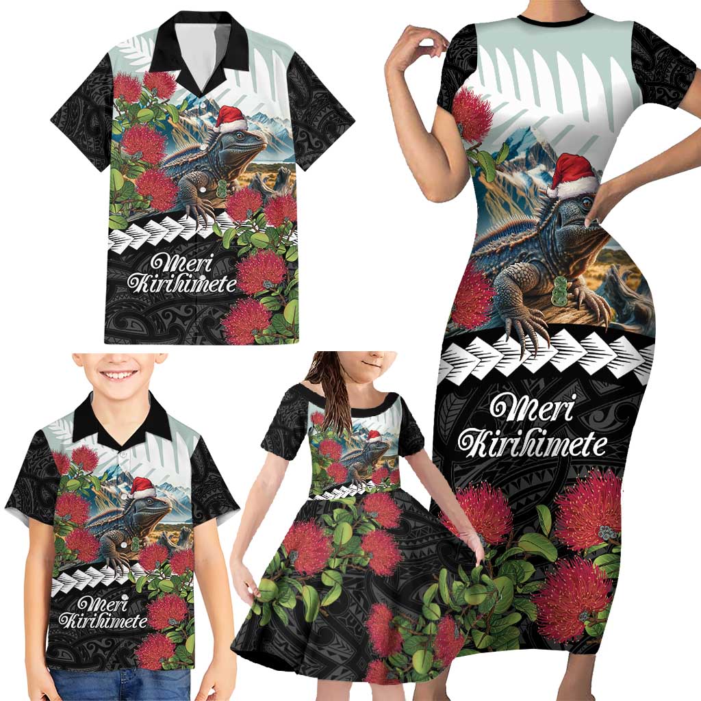 Meri Kirihimete Tuatara Family Matching Short Sleeve Bodycon Dress and Hawaiian Shirt New Zealand Fern with Puhutukawa Flowers