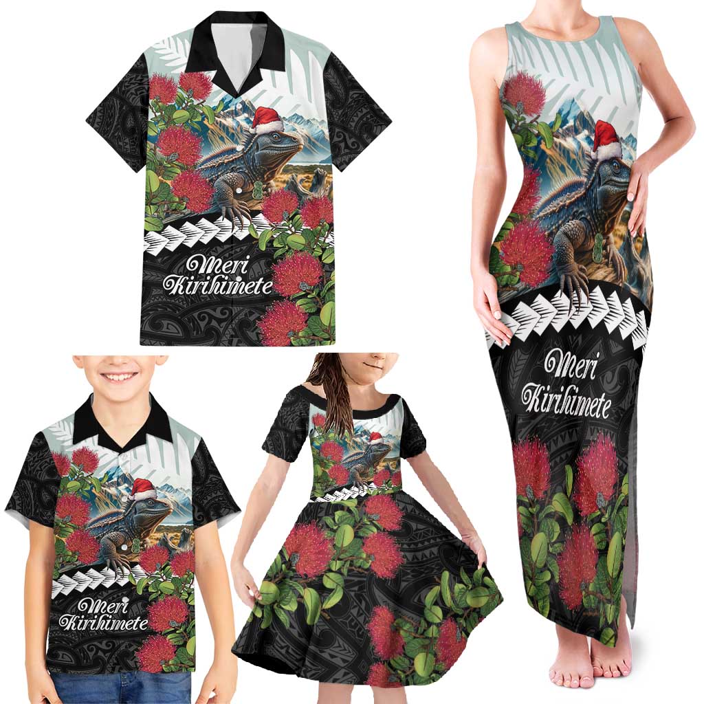 Meri Kirihimete Tuatara Family Matching Tank Maxi Dress and Hawaiian Shirt New Zealand Fern with Puhutukawa Flowers