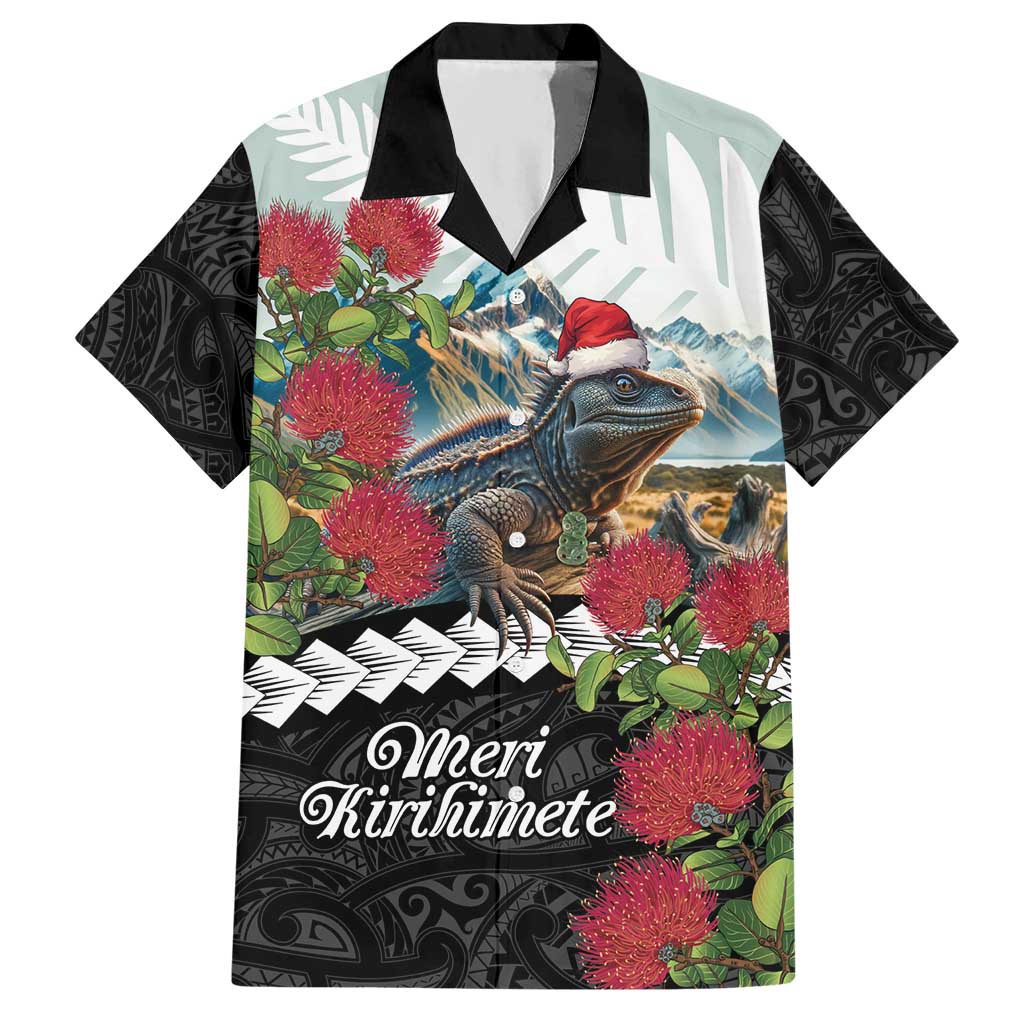 Meri Kirihimete Tuatara Hawaiian Shirt New Zealand Fern with Puhutukawa Flowers LT9 Green - Polynesian Pride