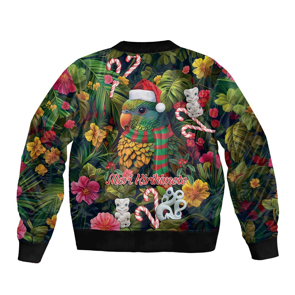 Meri Kirihimete Kakapo Santa Sleeve Zip Bomber Jacket Merry Christmas with Tropical Vibe LT9 - Polynesian Pride