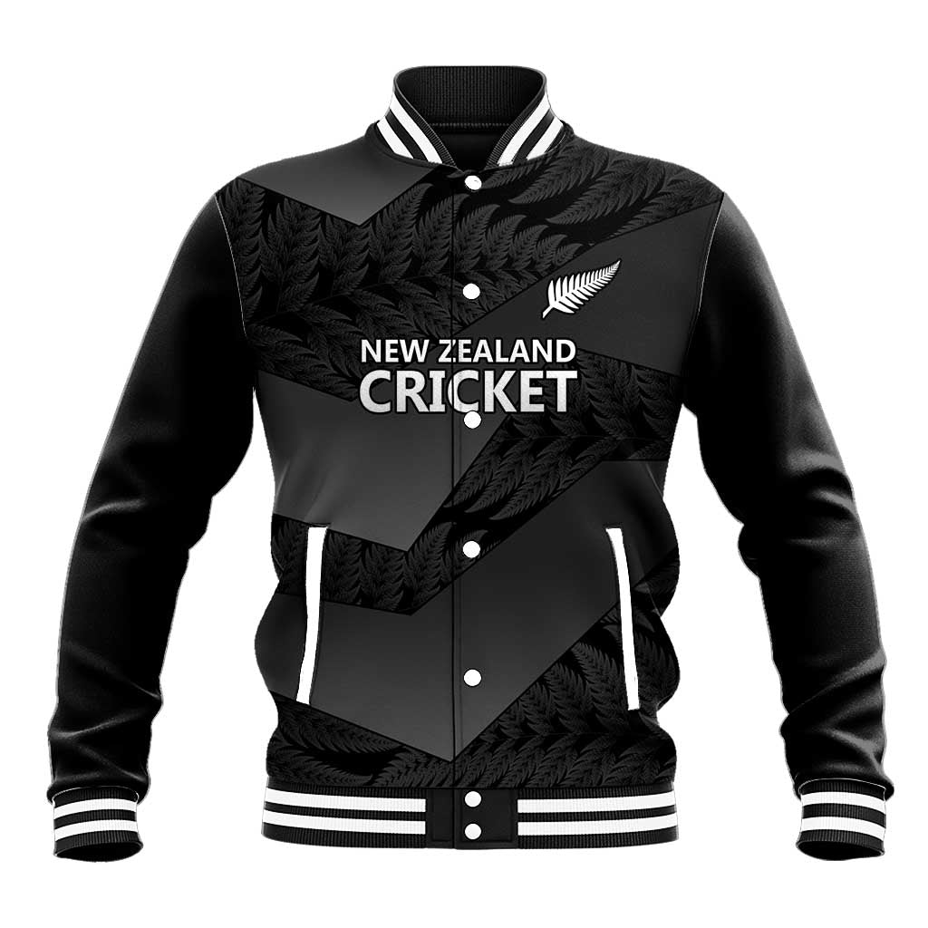 New Zealand Cricket Custom Baseball Jacket Potae Pango Black Fern Pattern LT9 Unisex Black - Polynesian Pride