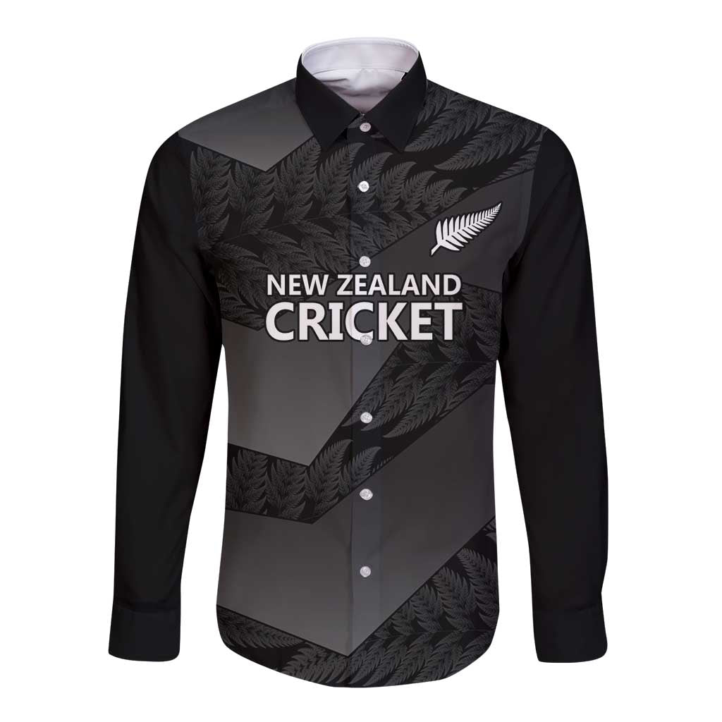 New Zealand Cricket Custom Long Sleeve Button Shirt Potae Pango Black Fern Pattern LT9 Unisex Black - Polynesian Pride