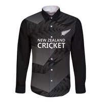 New Zealand Cricket Custom Long Sleeve Button Shirt Potae Pango Black Fern Pattern LT9 Unisex Black - Polynesian Pride