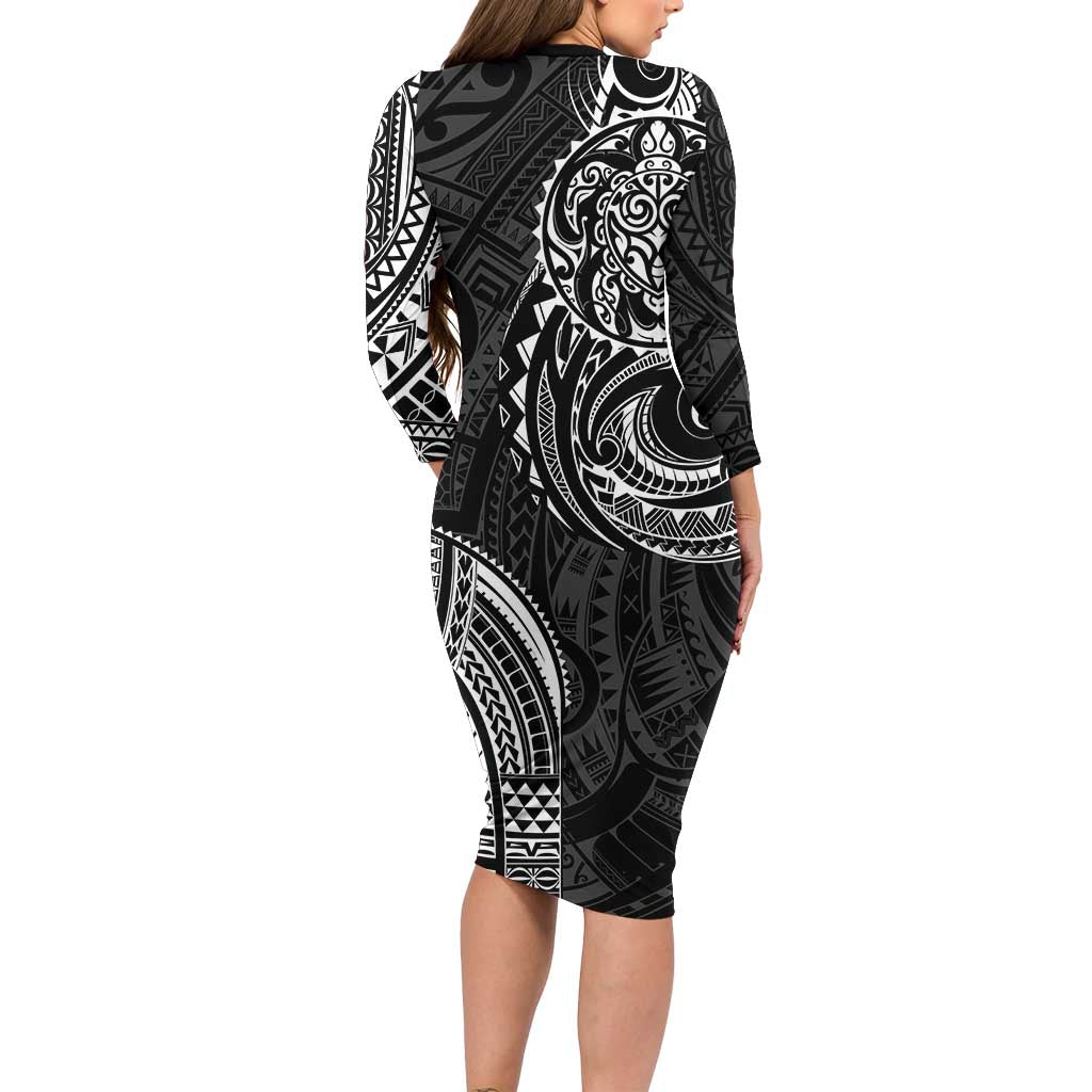 Polynesian Turtle Tribal Tattoo Long Sleeve Bodycon Dress Black Style LT9 - Polynesian Pride