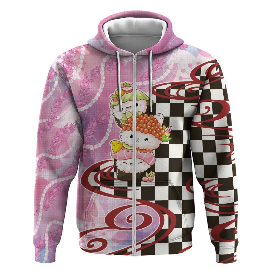 Personalized Japanese Kawaii Sushi Roll Hoodie Wagara Palaka Pattern LT9 Zip Hoodie Pink - Polynesian Pride