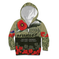 ANZAC Day We Remember Kid Hoodie - Maori Silver Fern Camouflage Motif LT9 Zip Hoodie Green - Polynesian Pride