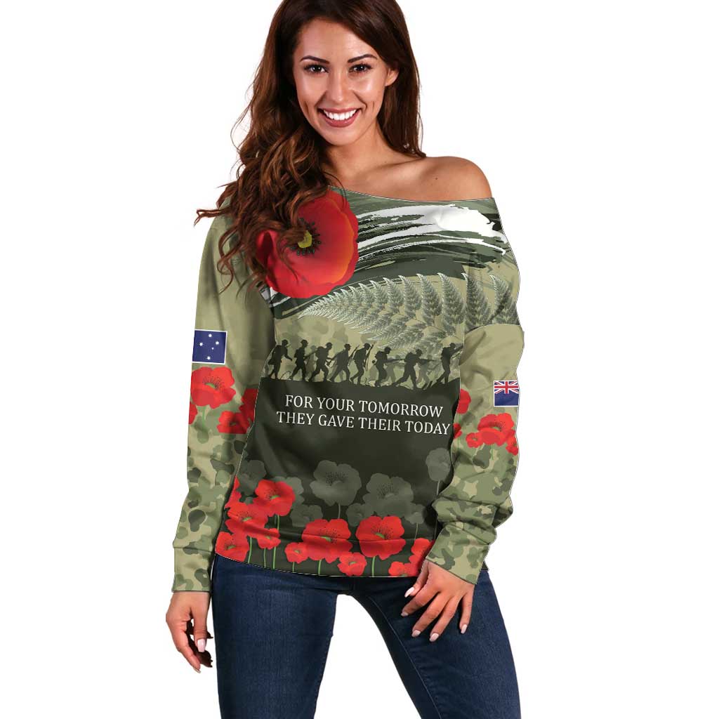 ANZAC Day We Remember Off Shoulder Sweater Maori Silver Fern Camouflage Motif LT9 Women Green - Polynesian Pride