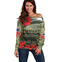 ANZAC Day We Remember Off Shoulder Sweater Maori Silver Fern Camouflage Motif LT9 Women Green - Polynesian Pride