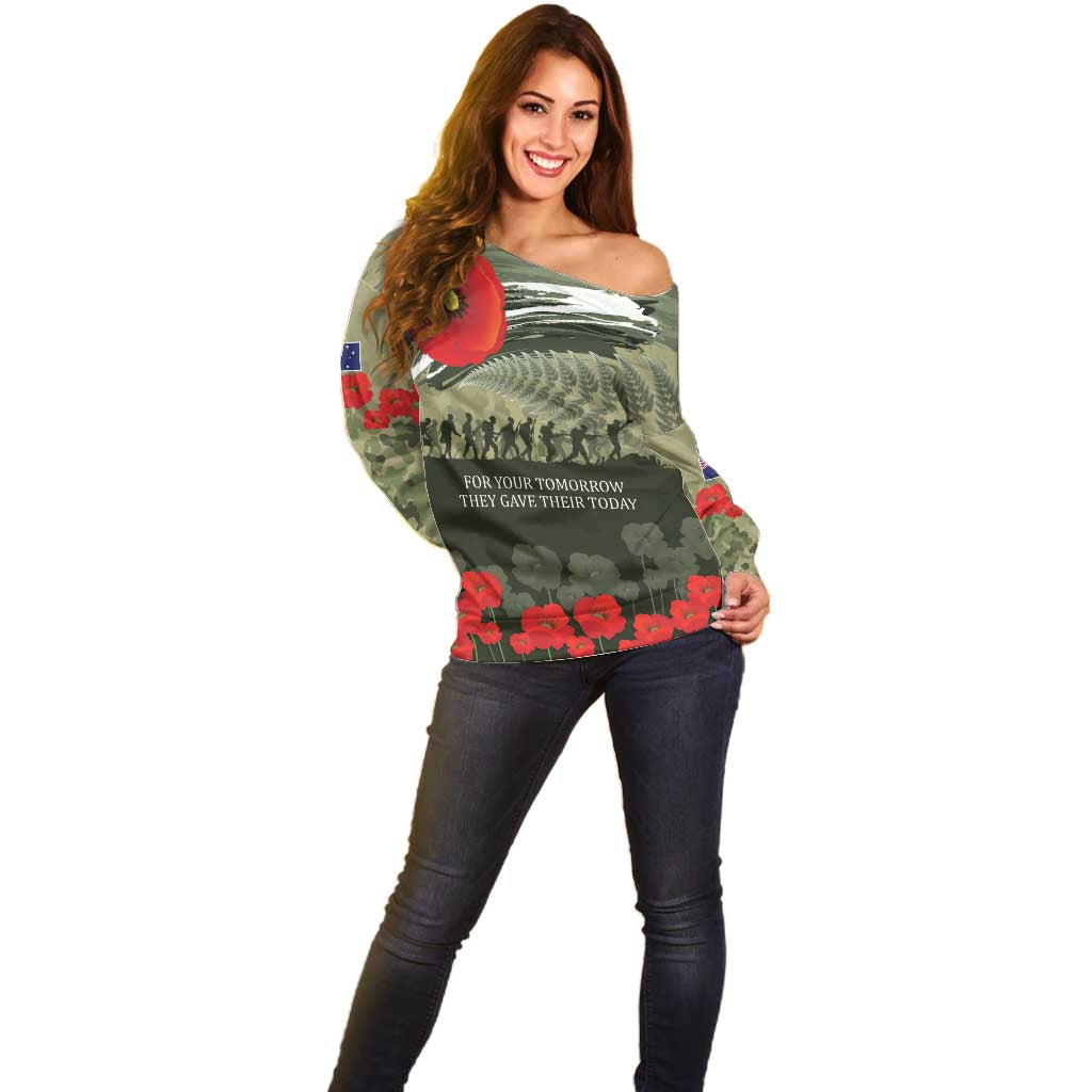 ANZAC Day We Remember Off Shoulder Sweater Maori Silver Fern Camouflage Motif LT9 - Polynesian Pride