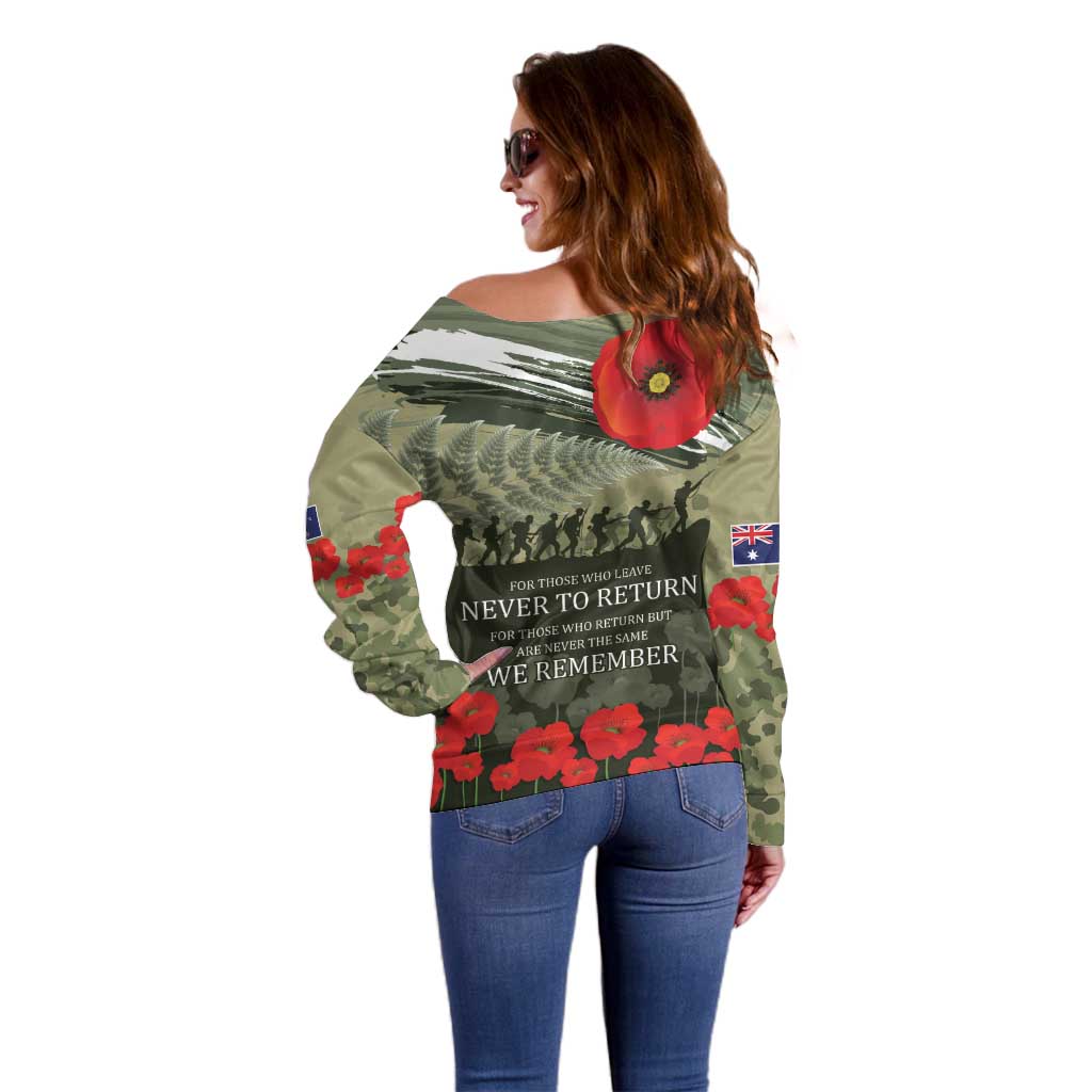 ANZAC Day We Remember Off Shoulder Sweater Maori Silver Fern Camouflage Motif LT9 - Polynesian Pride