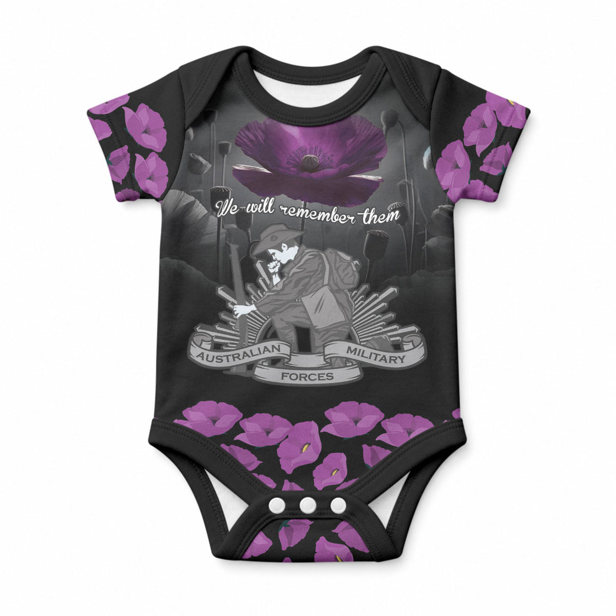 ANZAC Day Remembrance Baby Onesie Purple Poppy We Will Remember Them LT9 Purple - Polynesian Pride
