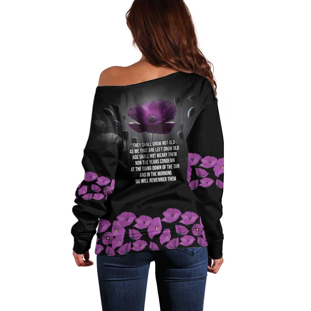 ANZAC Day Remembrance Off Shoulder Sweater Purple Poppy We Will Remember Them LT9 - Polynesian Pride